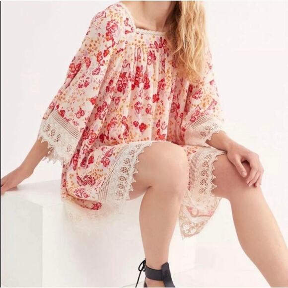 Free People It's Necessary Floral Lace Crochet Tunic Mini Dress Size M - Picture 1 of 10